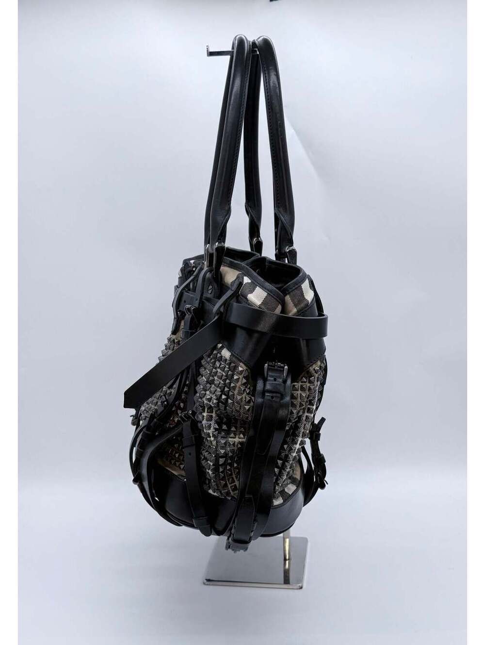 Burberry Prorsum Studded Nova Check Buckle Tote Bag – Black Leather & Canvas - Picture 8 of 8